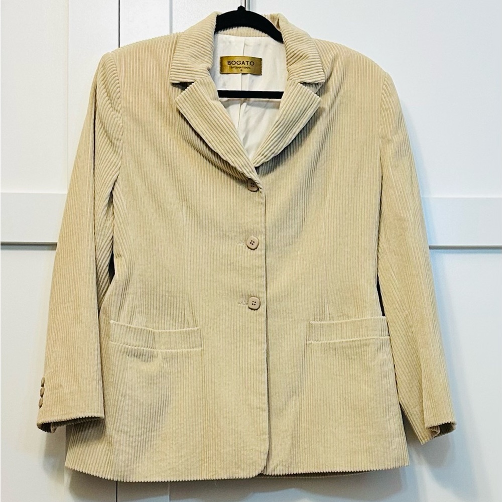BOGATO Blazer Cord Camel Lined Single Breasted Pockets Long Slve Sz 8